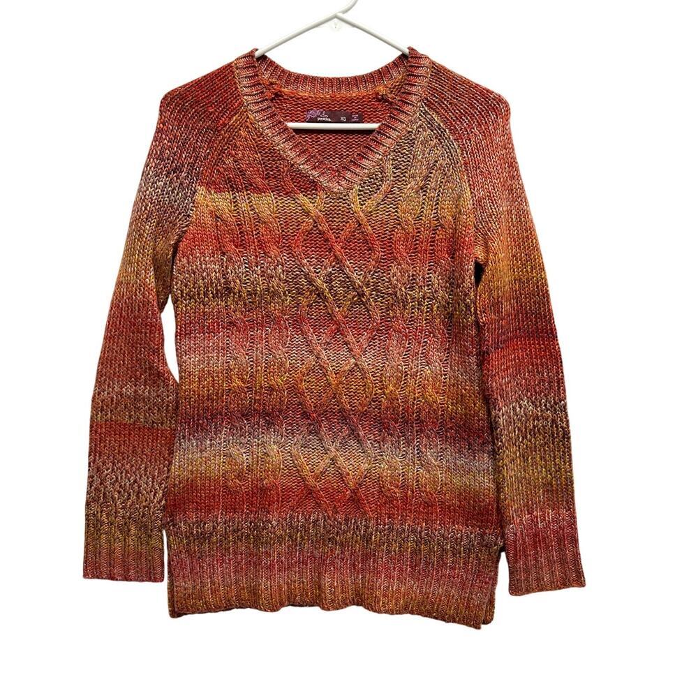 Prana XS Orange Red‎ Ombre Cable Knit V-Neck Sweater Long Sleeve Pullover Boho